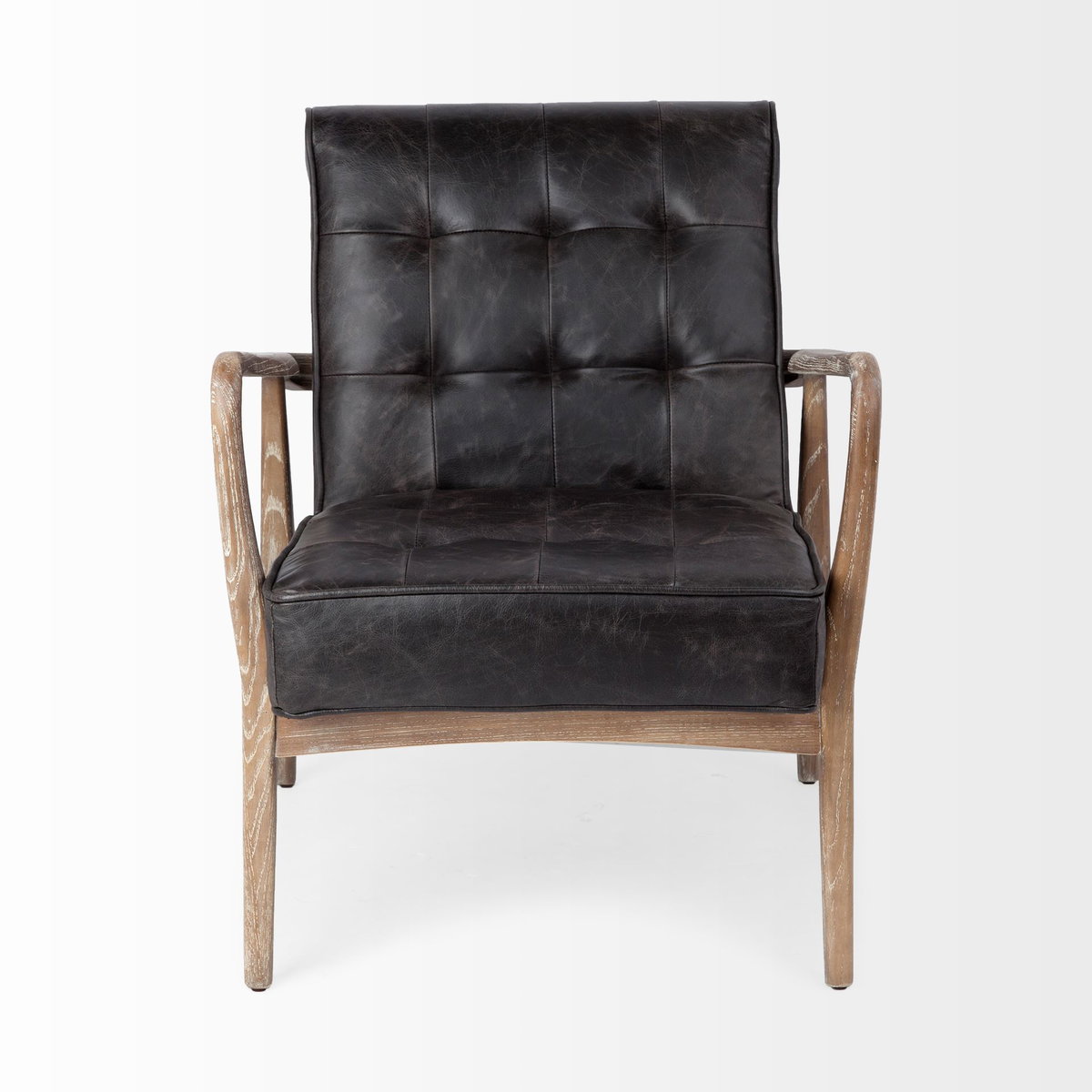 Phineas Black Leather with Brown Wooden Frame Accent Chair, by Mercana, 26.5" length x 28.25" width x 31" height View 5
