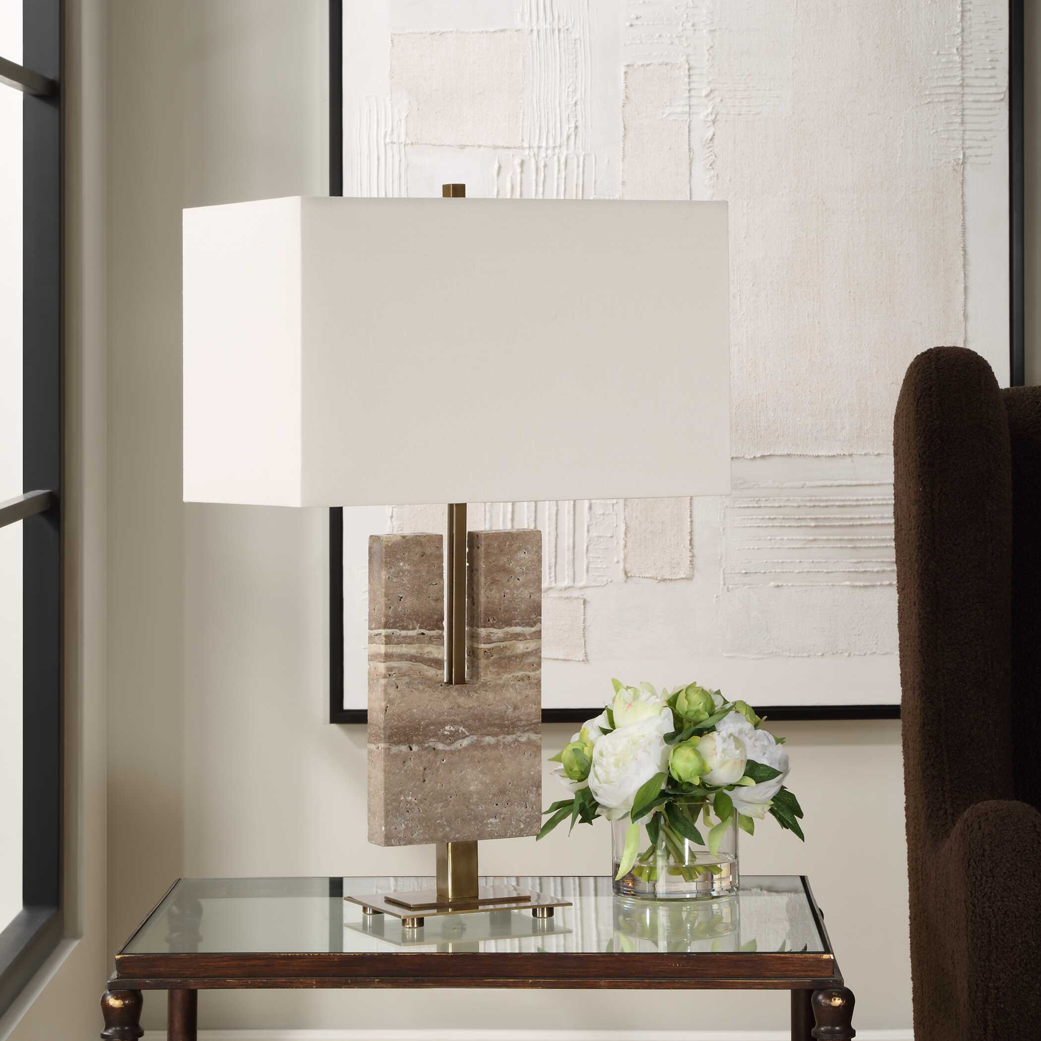 Turning Point Travertine Table Lamp, by Uttermost, 17" width x 26" height x 10" depth View 4