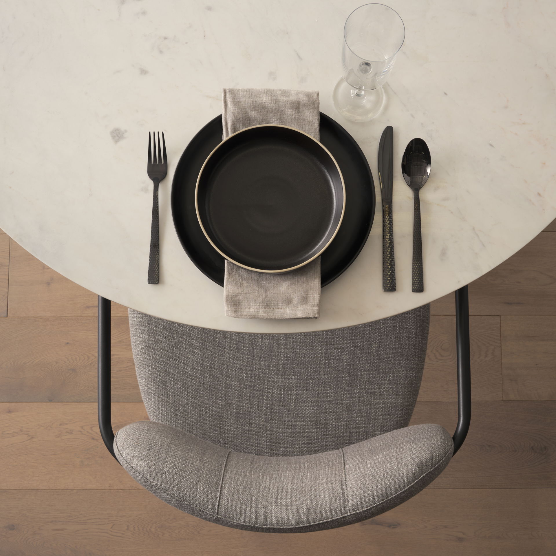 Parker Gray Fabric Seat Black Metal Dining Chair, by Mercana, 21.65" length x 21.26" width x 28.74" height View 3