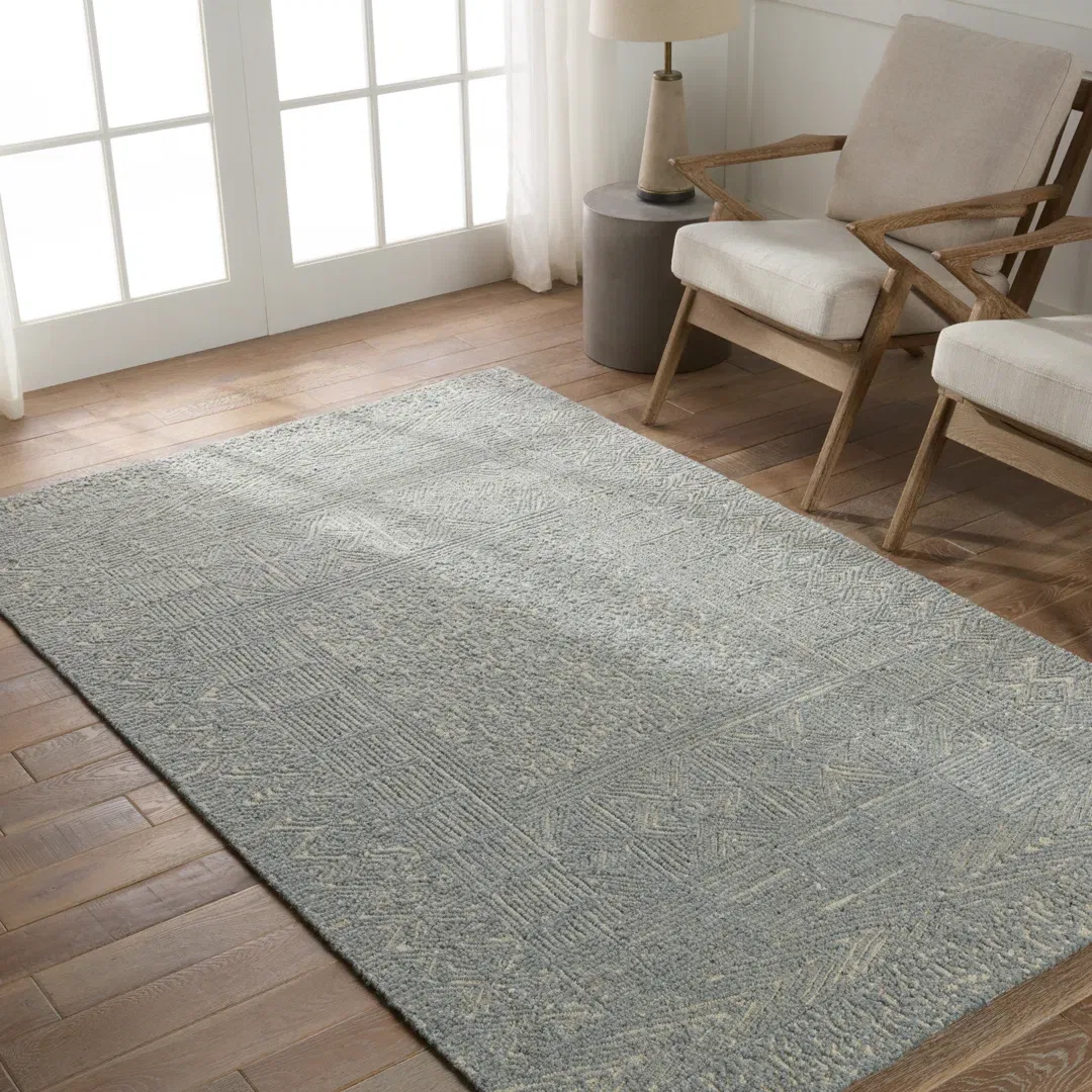 Geometric Handmade Tufted Area Rug in Blue/Cream large image 