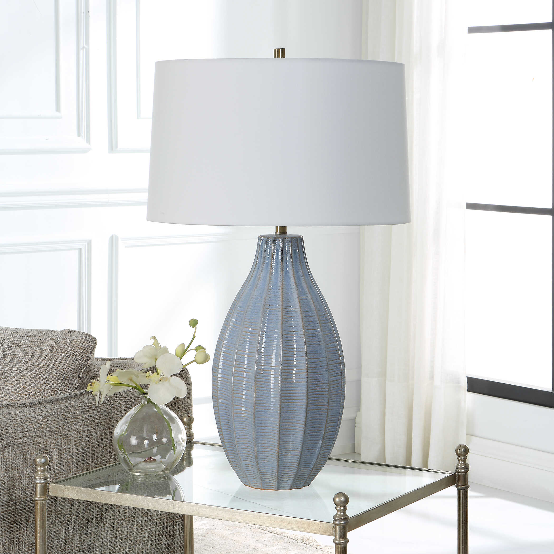 Veston Blue Glaze Table Lamp, by Uttermost, 17" width x 28" height x 17" depth View 4