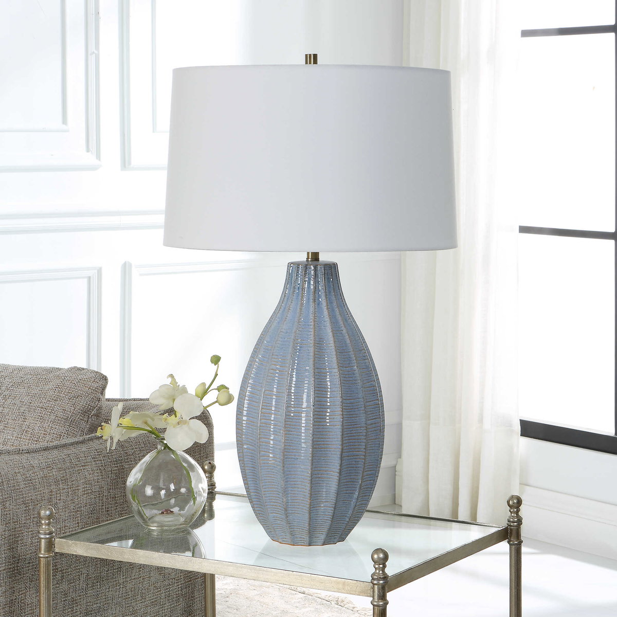 Veston Blue Glaze Table Lamp, by Uttermost, 17" width x 28" height x 17" depth View 4