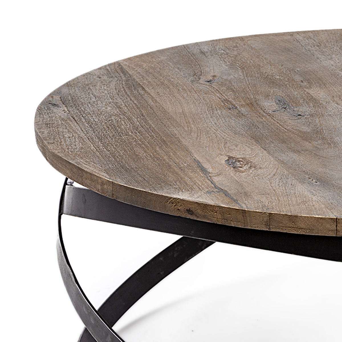 Triumph 40' Round Brown Solid Wood Top Black Metal Base Coffee Table, by Mercana, 40" length x 40" width x 16" height View 6