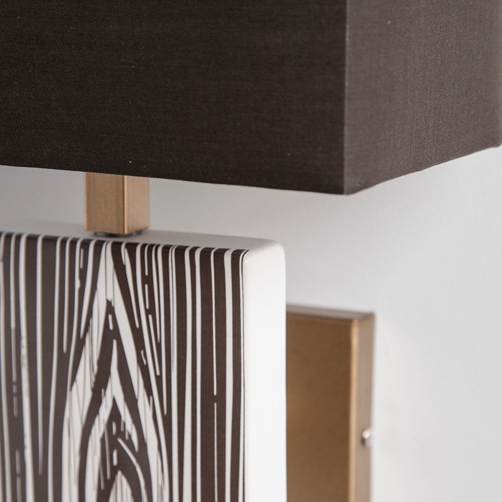 Maravilla III 11x17 Black/White Pattered Base Black Fabric Shade Wall Sconce, by Mercana, 11" length x 8.5" width x 17" height View 4