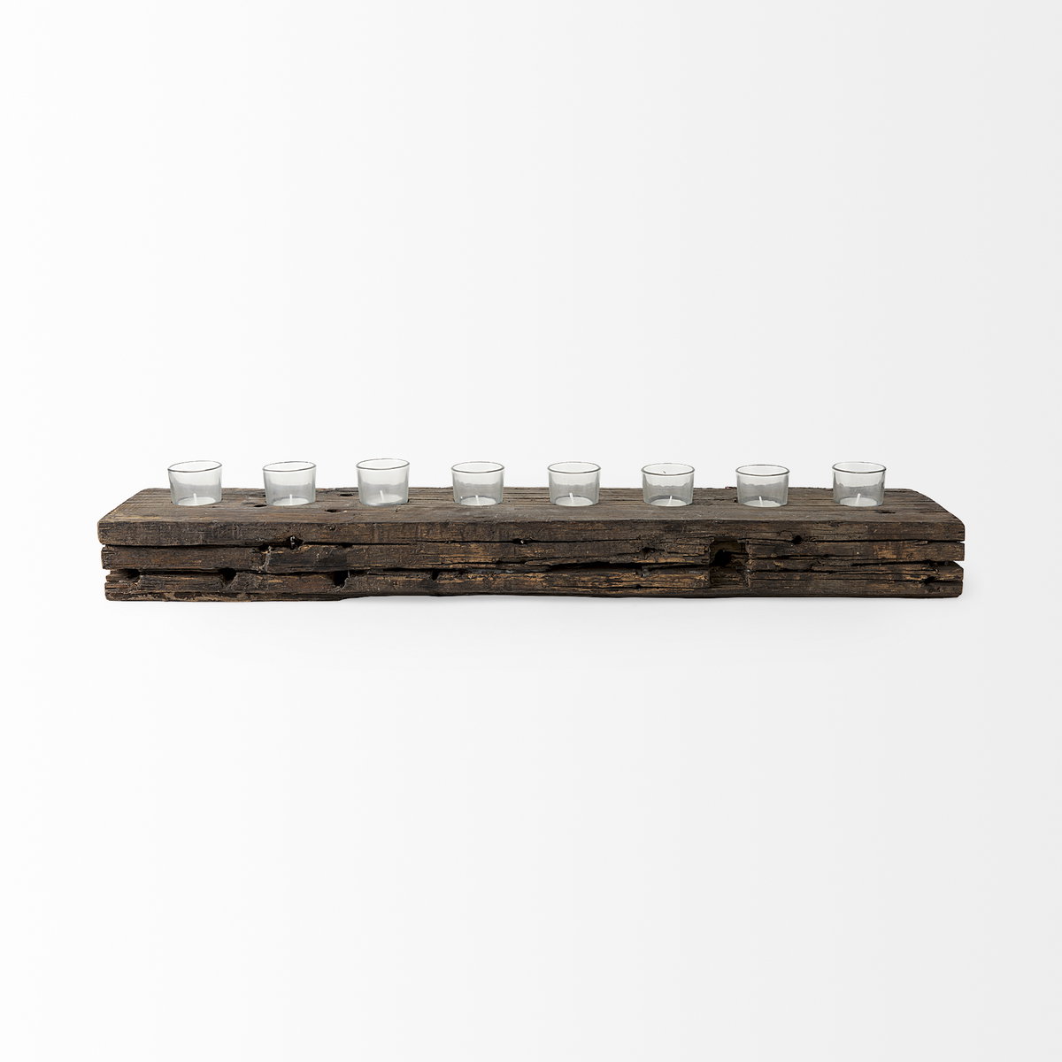 Lakara Reclaimed Wood Eight Tealight Table Candle Holder, Candles & Candle Holder by Mercana, 36" length x 8" width x 3" height View 3