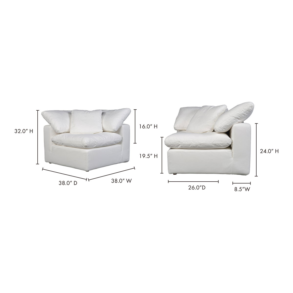 Terra Condo Corner Chair Cream White, Sectional Sofa by Moe's Home, 38" width x 32" height x 38" depth View 11