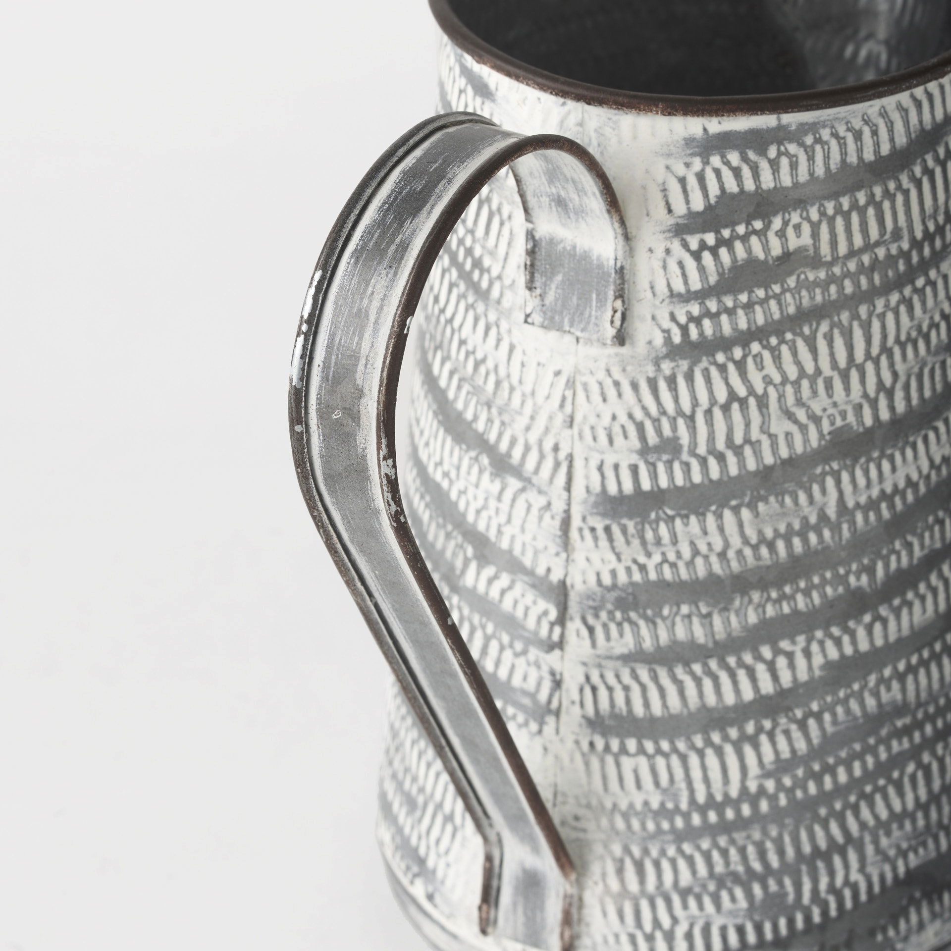 Serena I 8H Small Gray/White Textured Metal Jug, Decorative Jar by Mercana, 8" length x 5.1" width x 7.8" height View 7