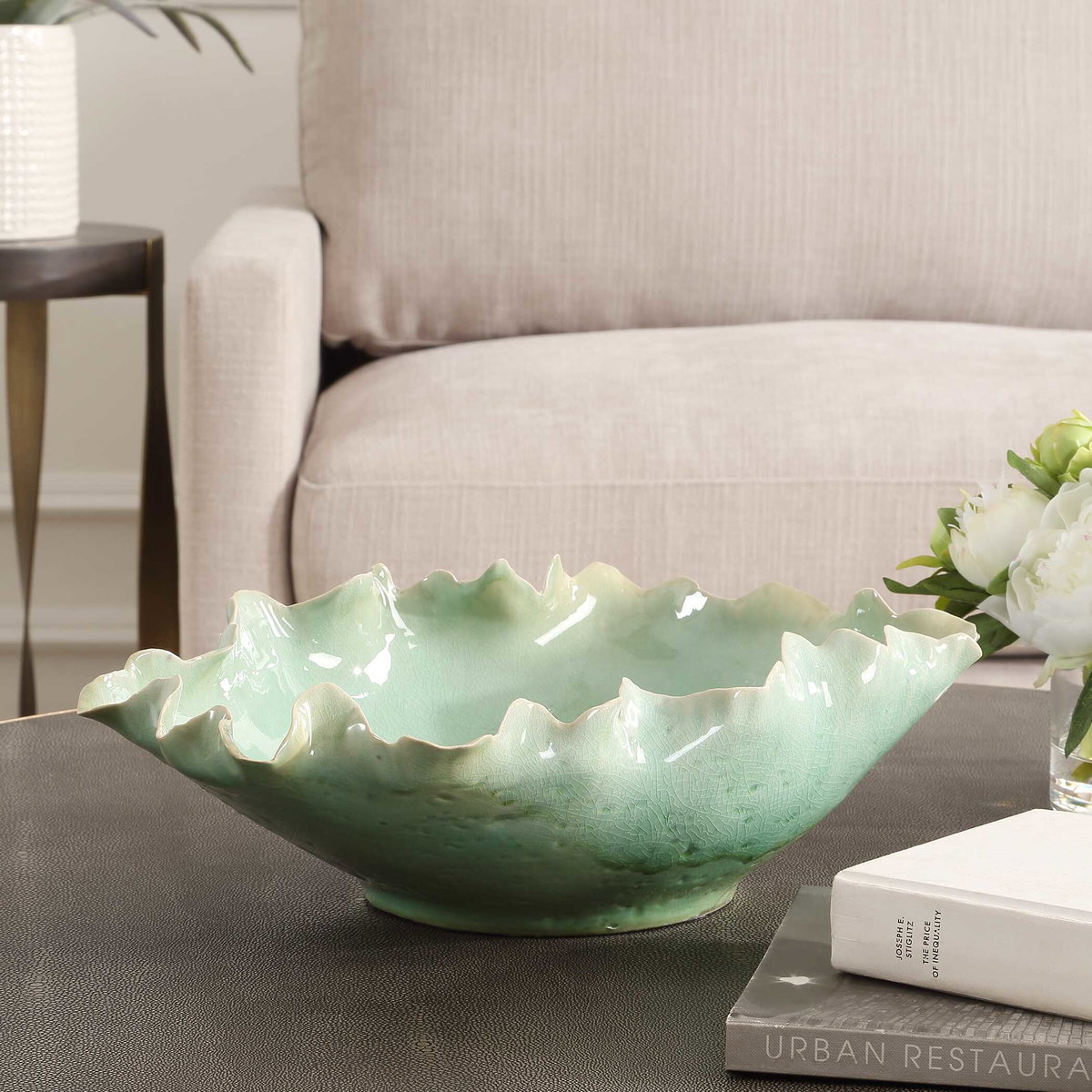 Lila Green Glass Bowl, Decorative Tray by Uttermost, 17.25" width x 5.5" height x 12.5" depth View 3