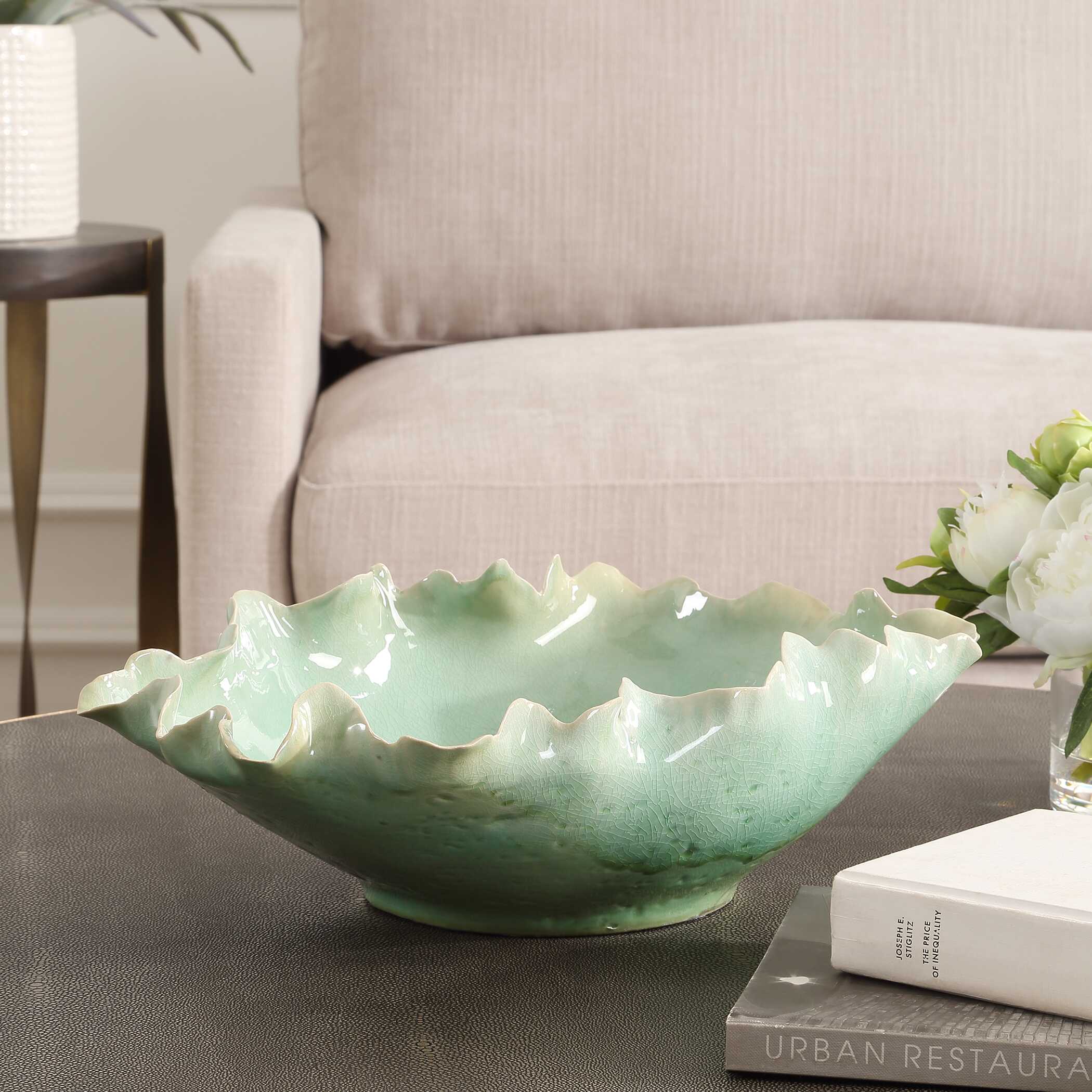 Lila Green Glass Bowl, Decorative by Uttermost, 17.25" width x 5.5" height x 12.5" depth View 3