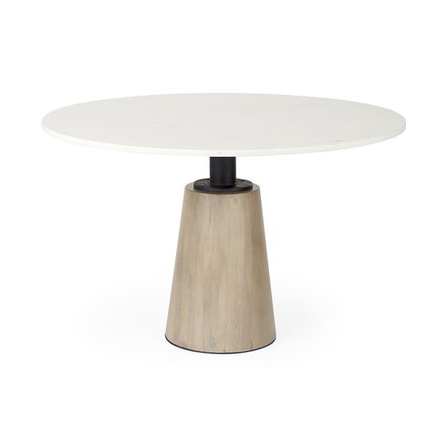Maxwell 48L x 48W x 30H White Marble Round Top with Black Metal and Wood Pedestal Base Dining Table