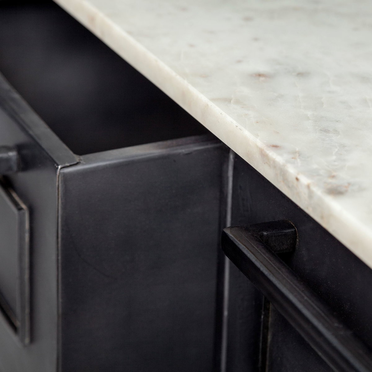Fieri Solid Iron Black Body White Marble Top Four Drawer Kitchen Island, by Mercana, 58" length x 32" width x 36.5" height View 8
