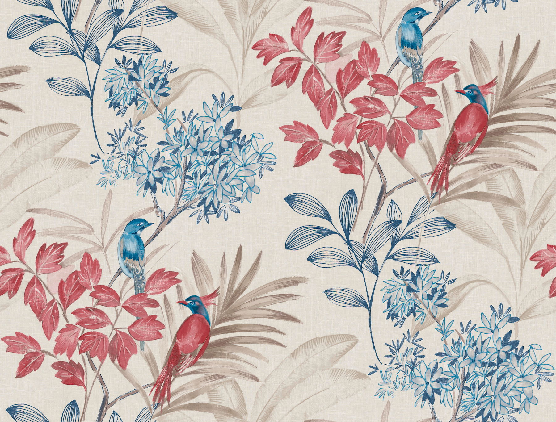 Handpainted Songbird Red & Blue Wallpaper large image 