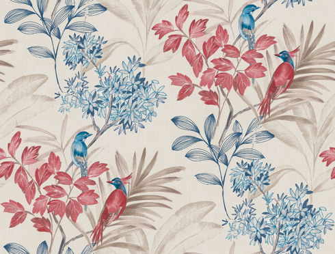 Handpainted Songbird Red & Blue Wallpaper