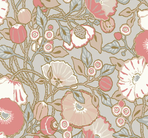 Poppies Grey & Pink Metallic Wallpaper