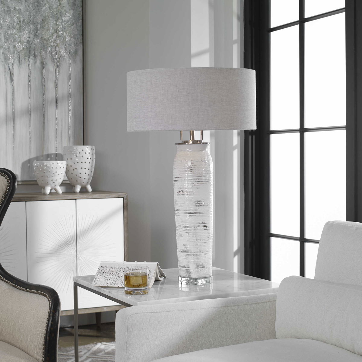 Lenta White Table Lamp, by Uttermost, 19" width x 30.25" height x 19" depth View 9