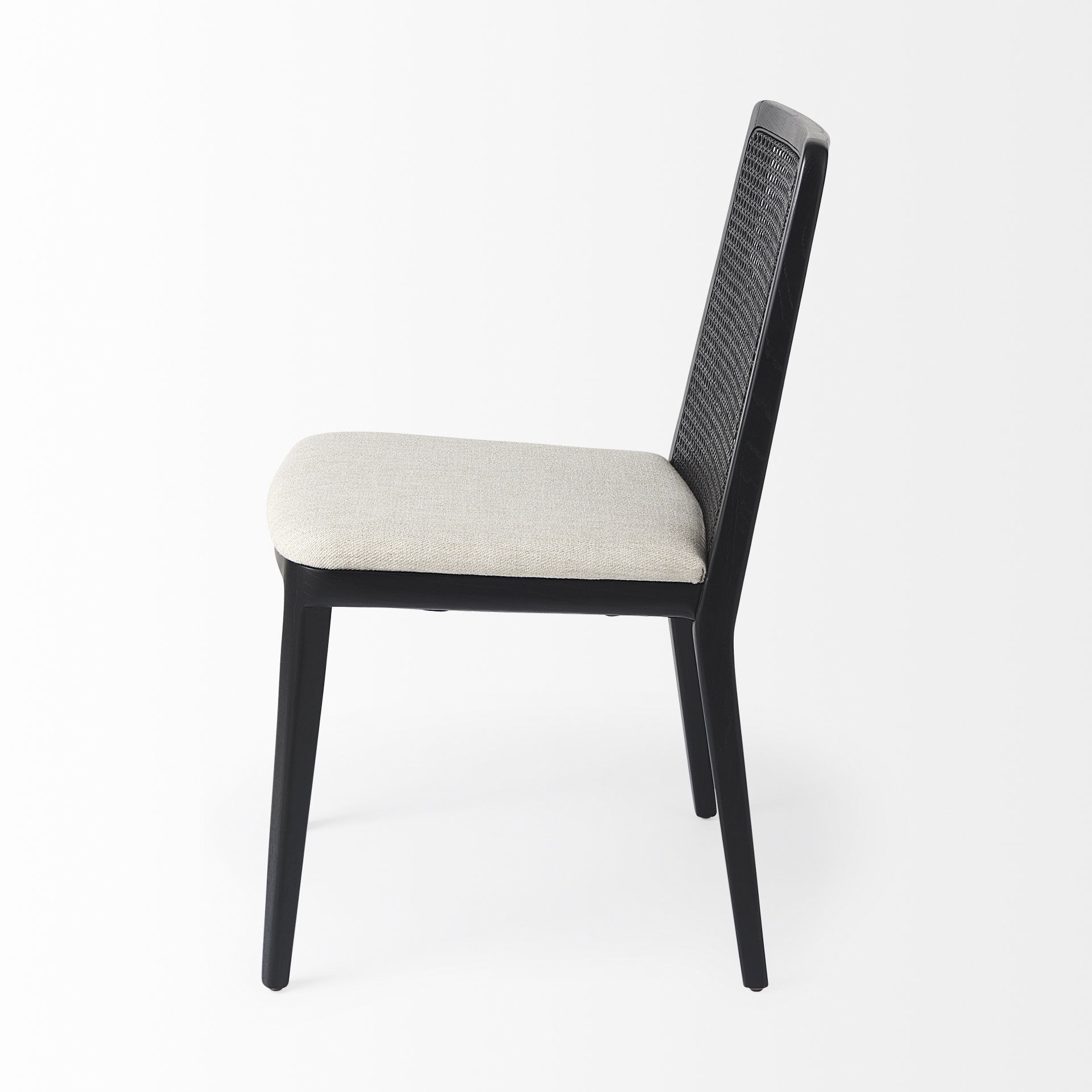 Clara Black Wood with Cream Fabric Seat and Cane Back Armless Dining Chair, by Mercana, 18" length x 23.25" width x 33.75" height View 7