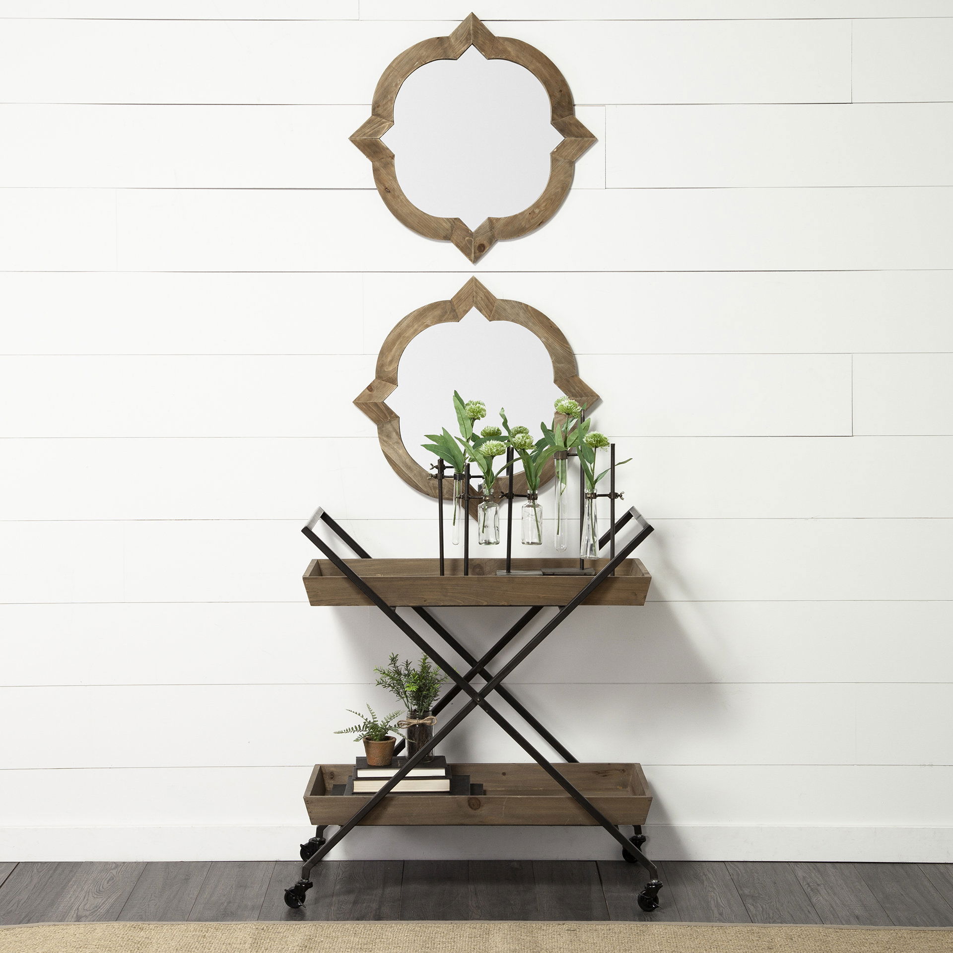 Jarvis Set of Five Dark Brown Metal and Glass Chemistry Inspired Bottles, Vase by Mercana, 5" length x 5.12" width x 12.5" height View 2