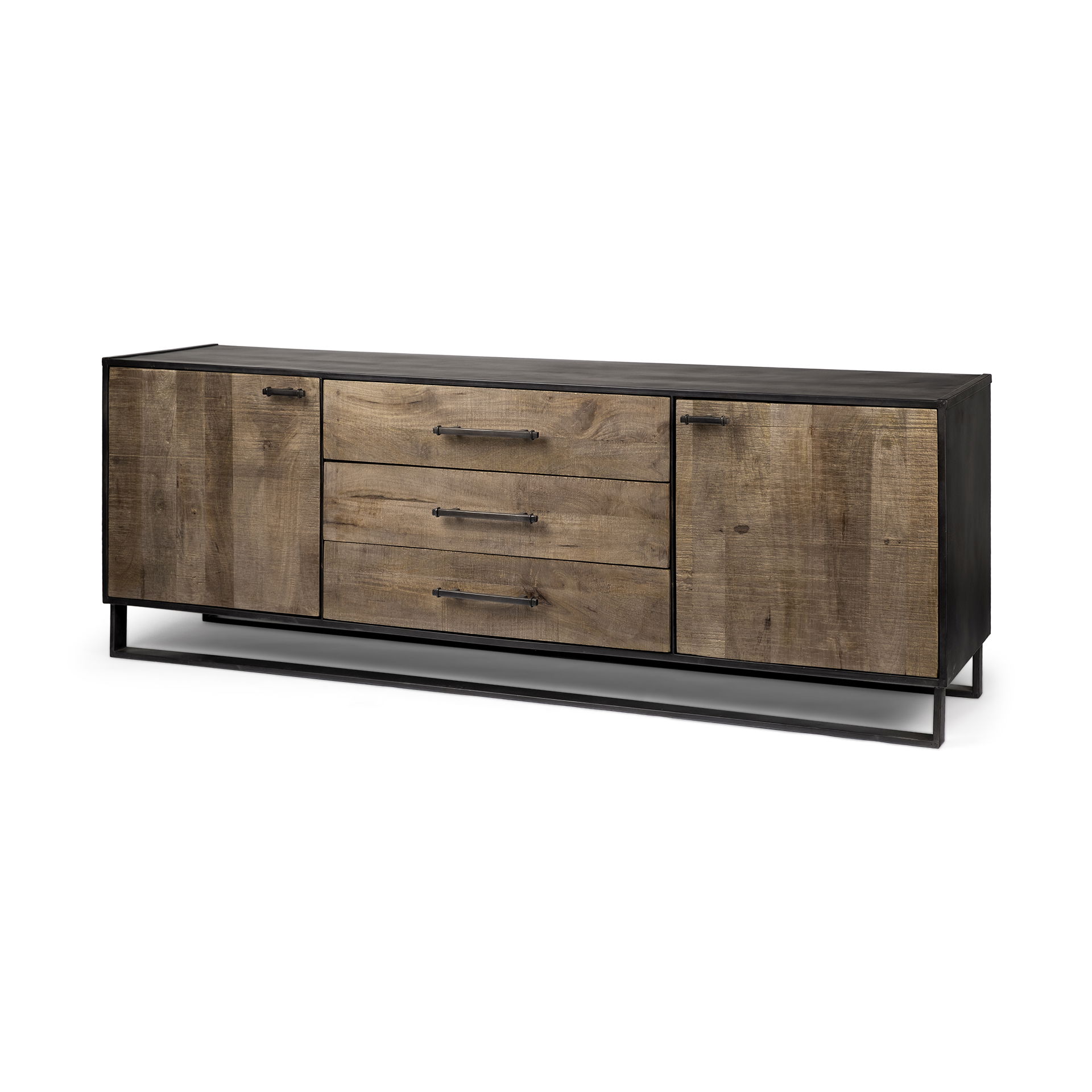 Alvin 82x20 Brown Solid Wood With Black Metal Frame 3 Drawer 2 Cabinet Door Sideboard, Sideboards & Buffet by Mercana, 82" length x 20" width x 30" height View 1
