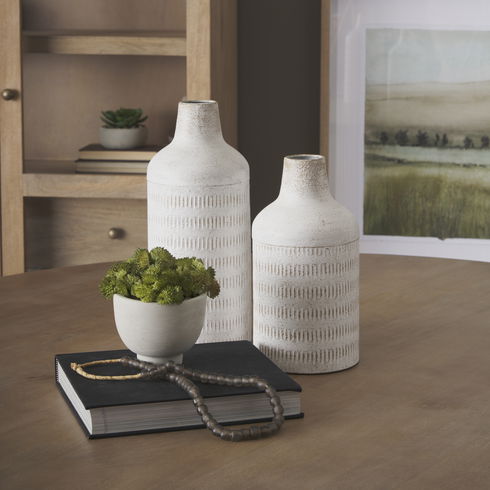 Tisha Small White with Terracotta Distressing Metal Vase