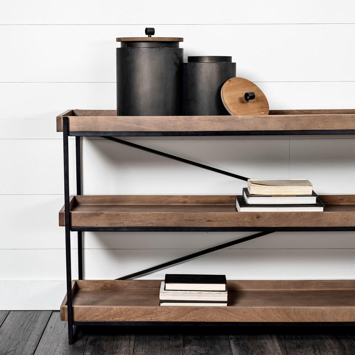 Trey I 80L x 16W Brown Wood and Black Iron Console Table, by Mercana, 80" length x 16" width x 30" height View 3