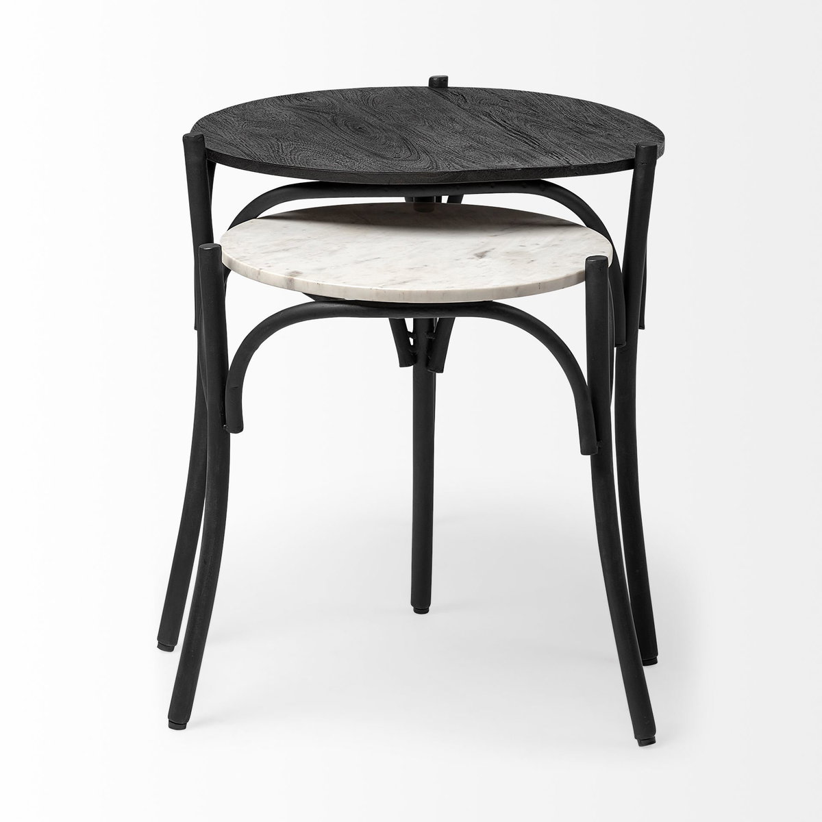 Etienne VII 24' Set of Two Round Top Black Wood and Marble Top Nesting Table, Side & End Table by Mercana, 23" length x 23" width x 24.25" height View 10