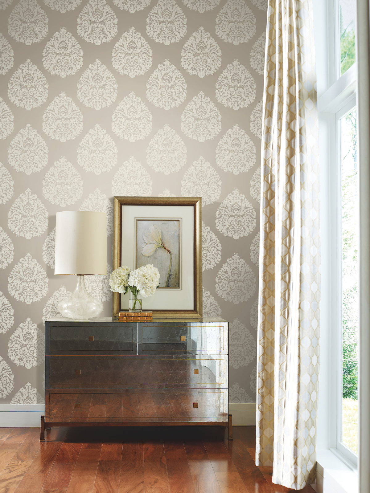 Teardrop Damask Beige Wallpaper, by York Wall, 27' length x 2'3" width x 0.02" depth View 3