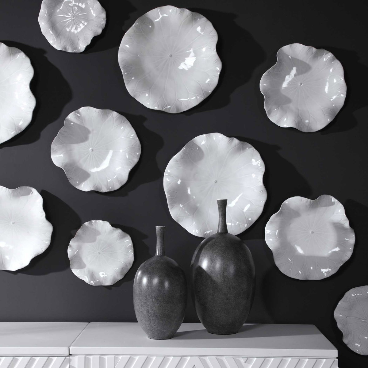 Abella Ceramic Wall Decor Set/3 White, Sculptural Wall Art by Uttermost, 17.87" width x 17.87" height x 3.87" depth View 7