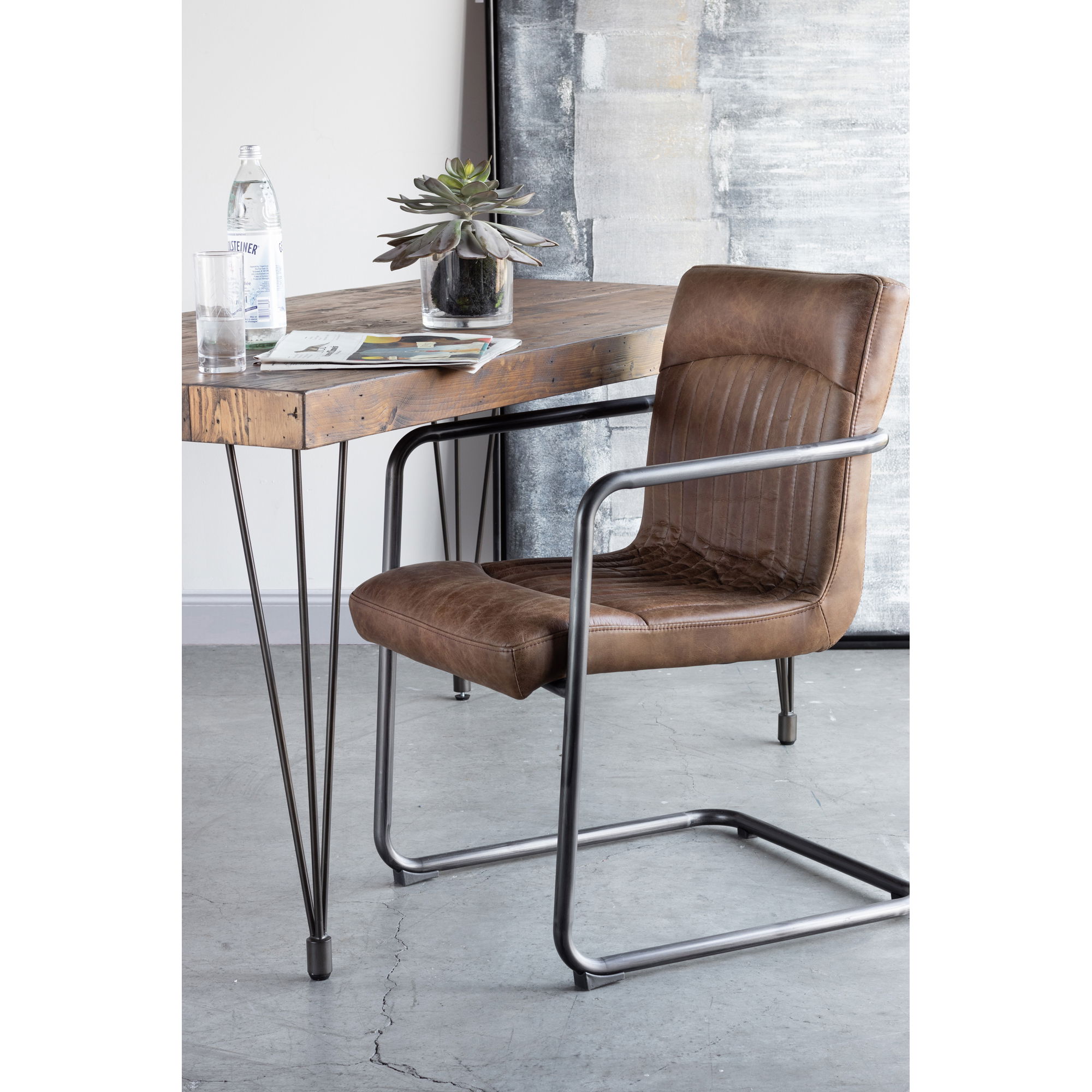 Ansel Arm Chair Grazed Brown Leather - Set Of Two, Dining Chair by Moe's Home, 21.75" width x 33" height x 24" depth View 7