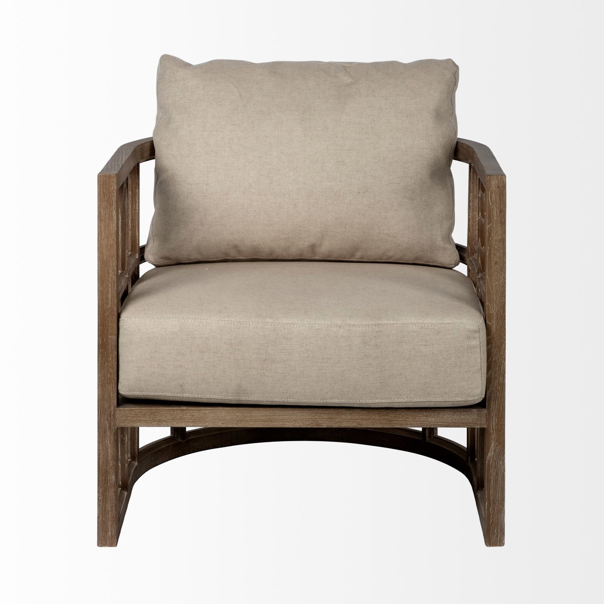 Skylar II Tan Fabric Covered Cushioned Demi-Lune Wooden Frame Accent Chair, by Mercana, 29" length x 29.75" width x 33.75" height View 5