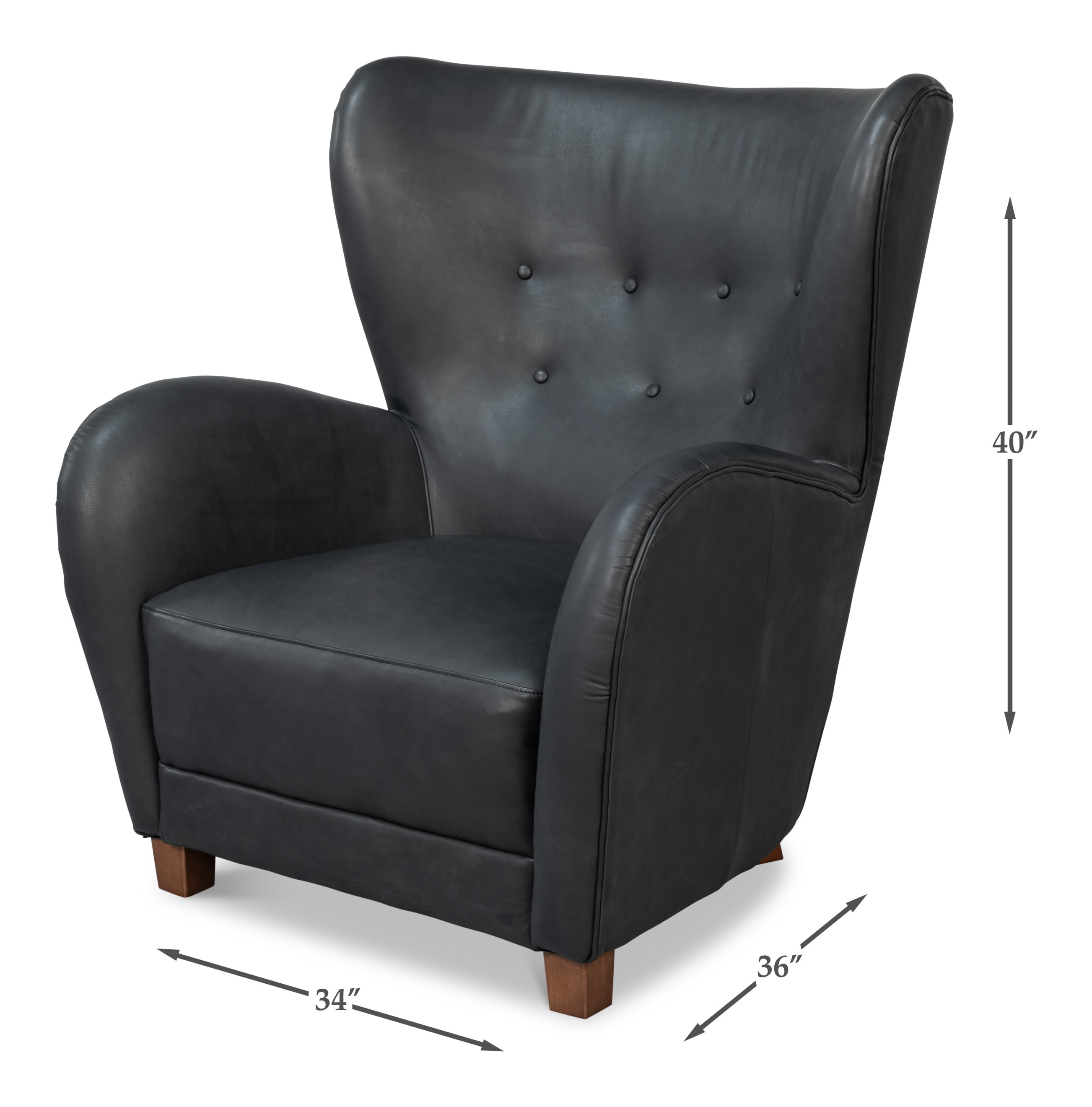 Lombard Wing Chair,Santoni Black Leather, Seating by Sarreid, 34" length x 36" width x 40" height View 26