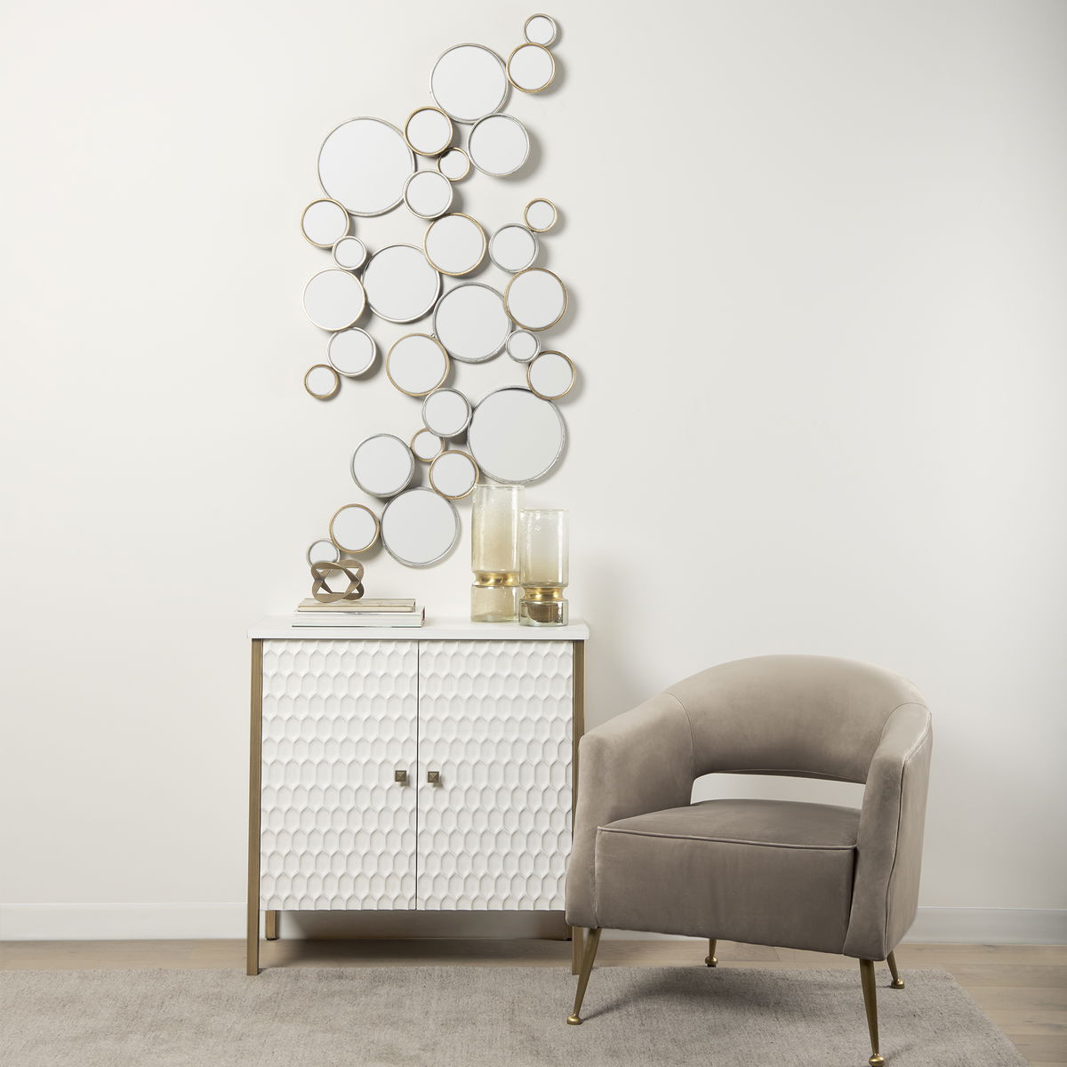 Savannah White Fir Veneer with Gold Metal Accent 2-Door Accent Cabinet, Cabinets & Chest by Mercana, 31.5" length x 15.75" width x 31.5" height View 2