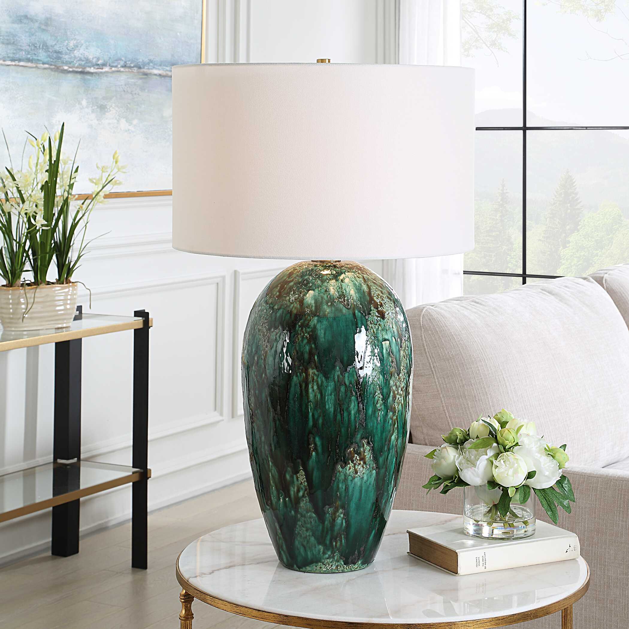 Ceralene Green Table Lamp, by Uttermost, 20" width x 33.25" height x 20" depth View 2