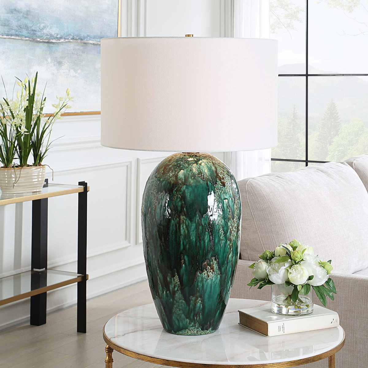 Ceralene Green Table Lamp, by Uttermost, 20" width x 33.25" height x 20" depth View 2