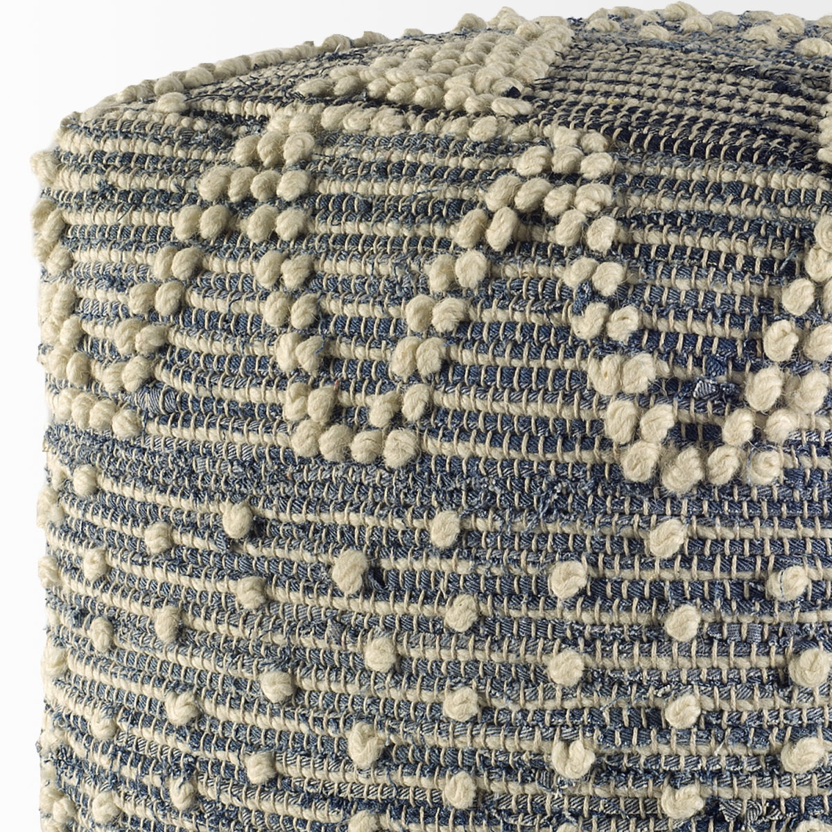 Rofi Blue Denim and Cream Cotton Stitched Square Pouf, Ottoman by Mercana, 17.72" length x 17.72" width x 17.72" height View 4
