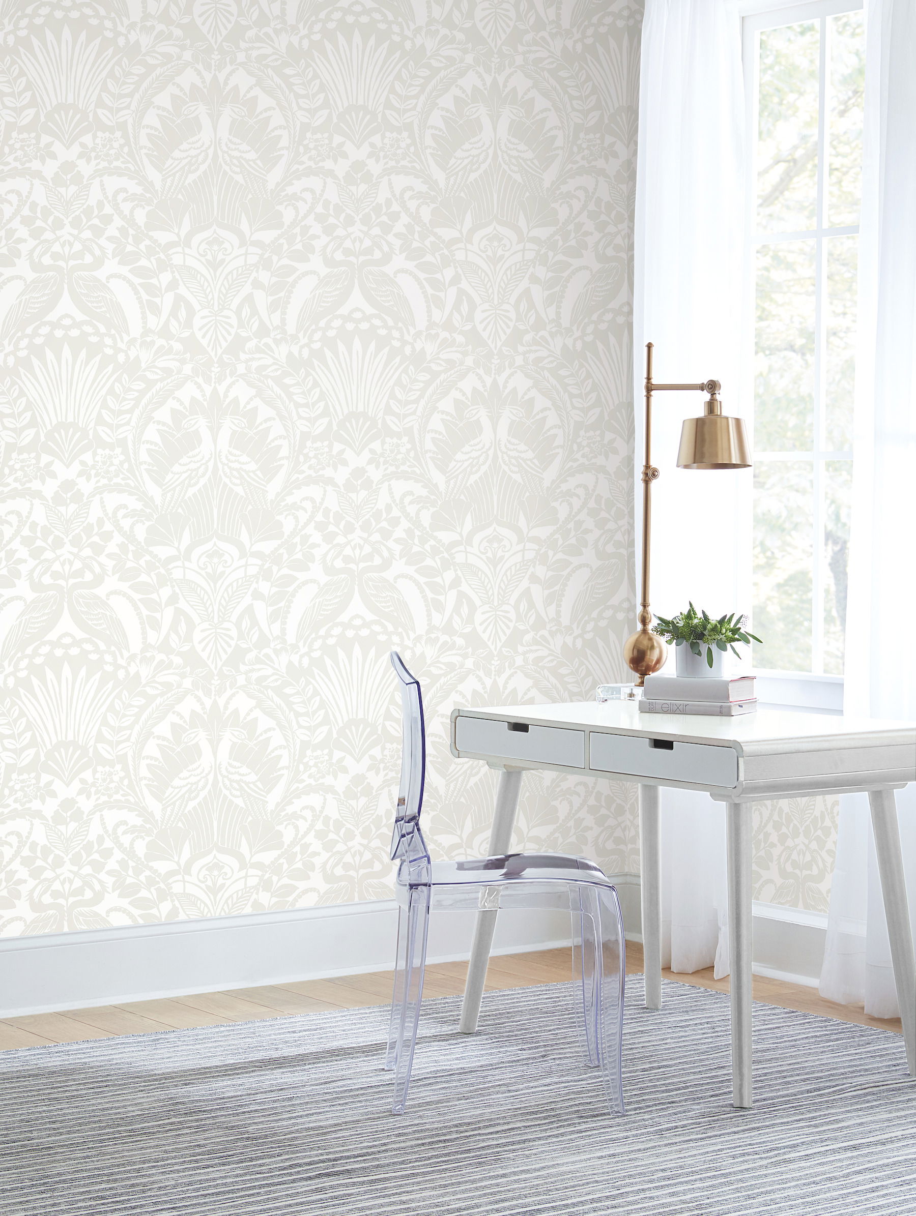 Egret Damask White & Cream Wallpaper large image 