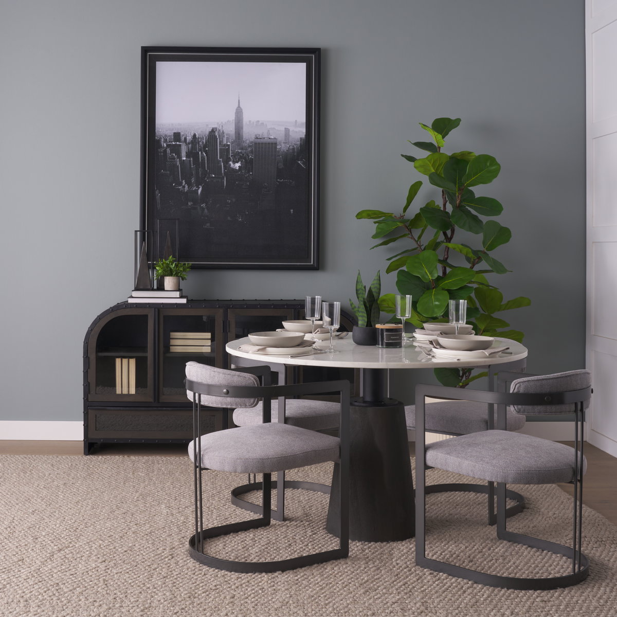 Hollyfield Curved Back Dining Arm Chair | Gray Fabric with Gray Iron, Dining Chair by Mercana, 20.47" length x 21.5" width x 29.53" height View 2