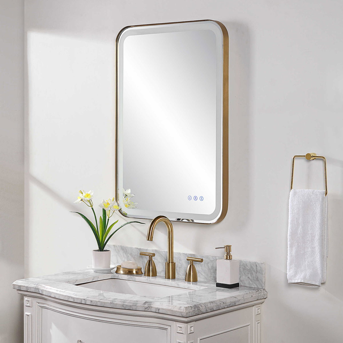 Crofton Lighted Brass Vanity Mirror, by Uttermost, 1'10.25" width x 2'8.25" height x 2.12" depth View 4