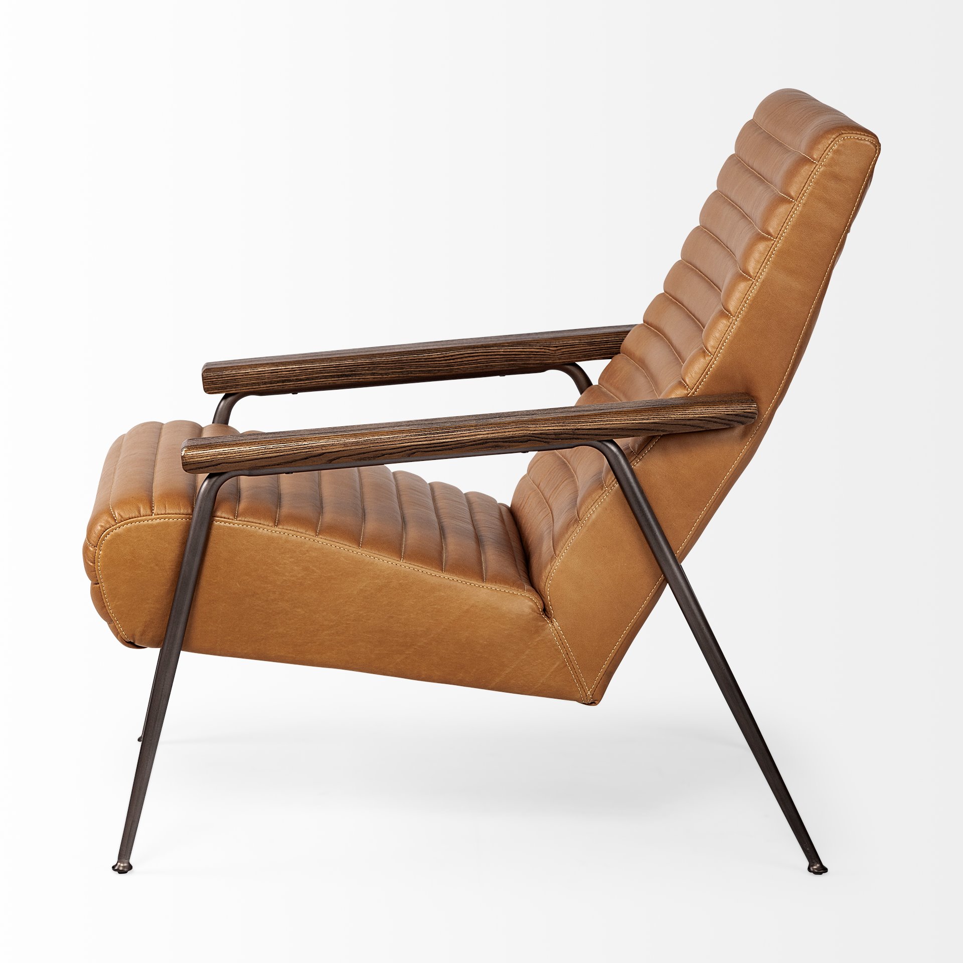 Grosjean Brown Leather Wrap Metal Frame Accent Chair, by Mercana, 27.56" length x 37.01" width x 34.65" height View 6