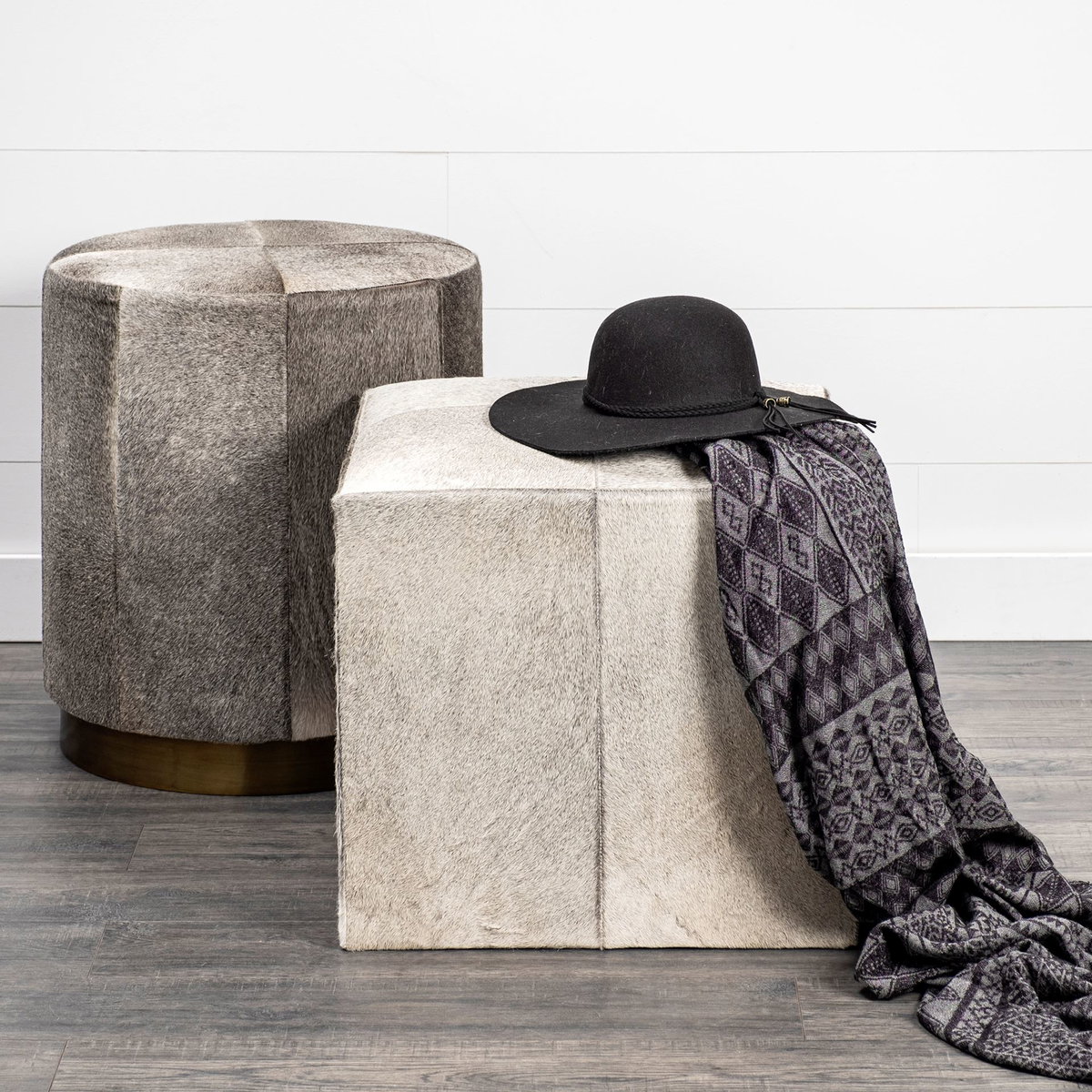 Zahavi I 20' Grey-toned hair-on-hide ottoman, by Mercana, 20" length x 20" width x 20" height View 3