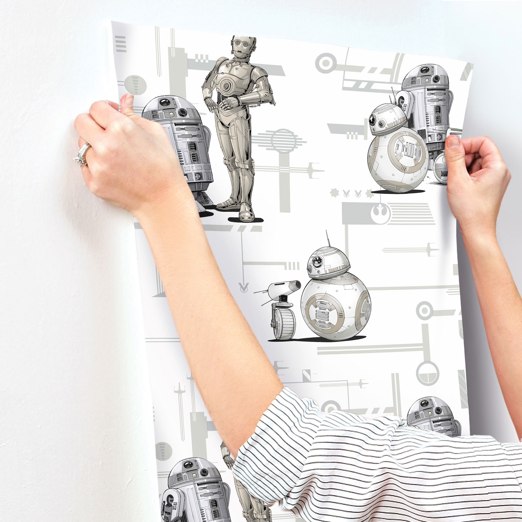 Star Wars: The Rise of Skywalker, Droids! Black & White Wallpaper, by York Wall, 33' length x 1'8.5" width x 0.02" depth View 4