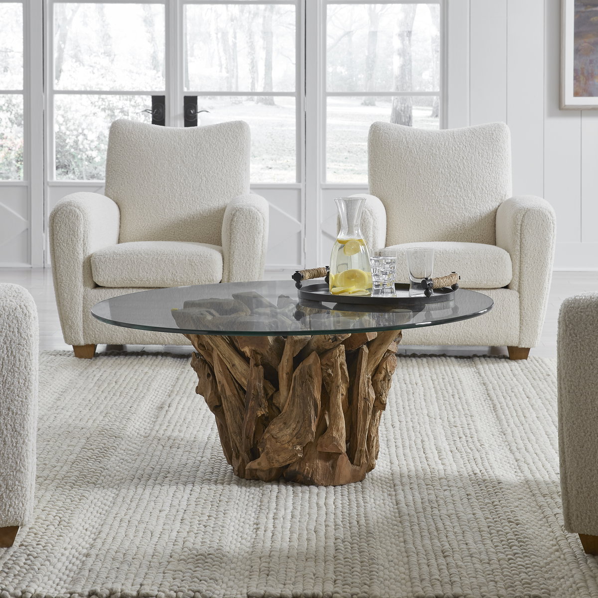 Driftwood Glass Top Large Coffee Table, by Uttermost, 43" width x 17" height x 43" depth View 2