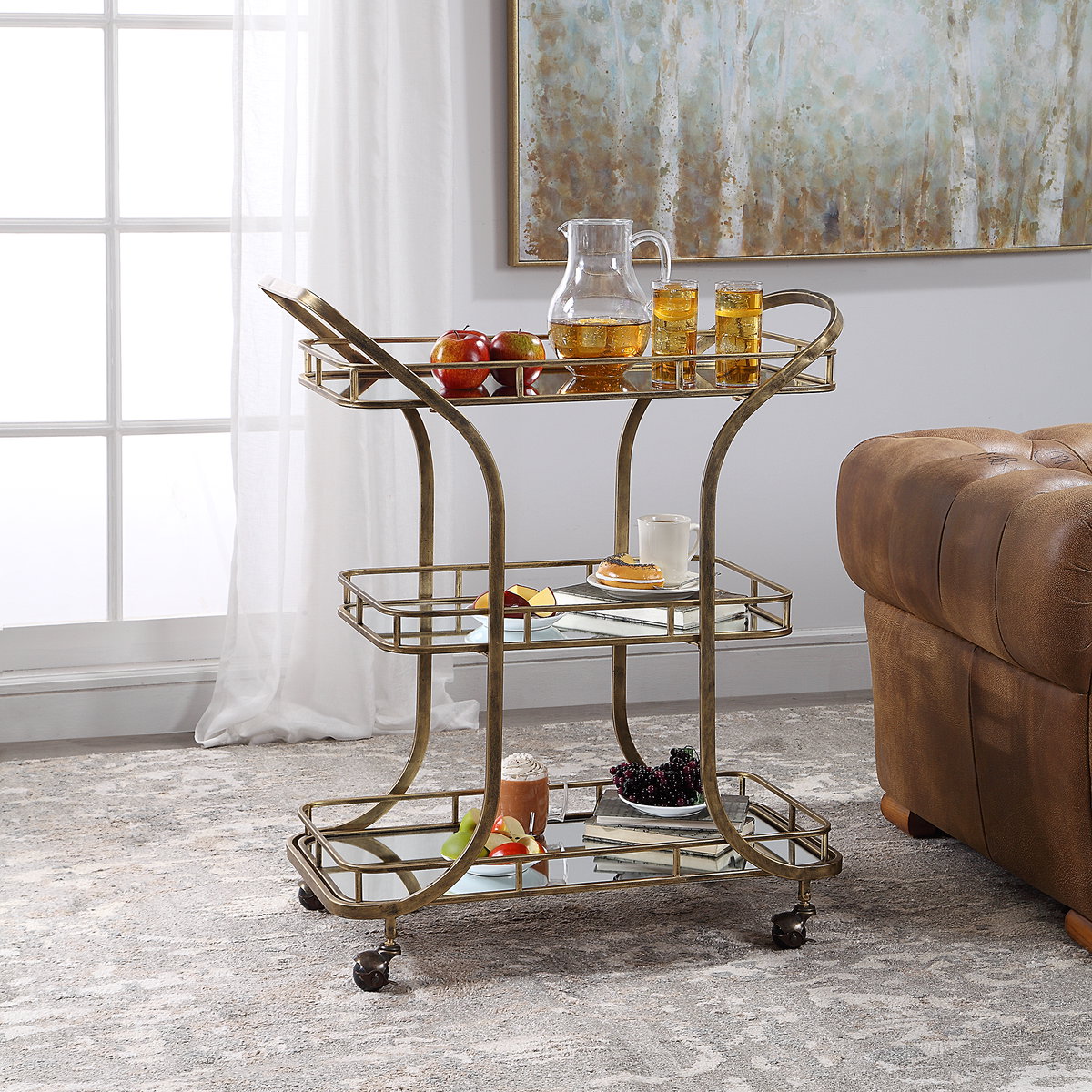 Stassi Gold Serving Cart, Bar Carts & Cabinet by Uttermost, 31.5" width x 37.12" height x 15.25" depth View 2
