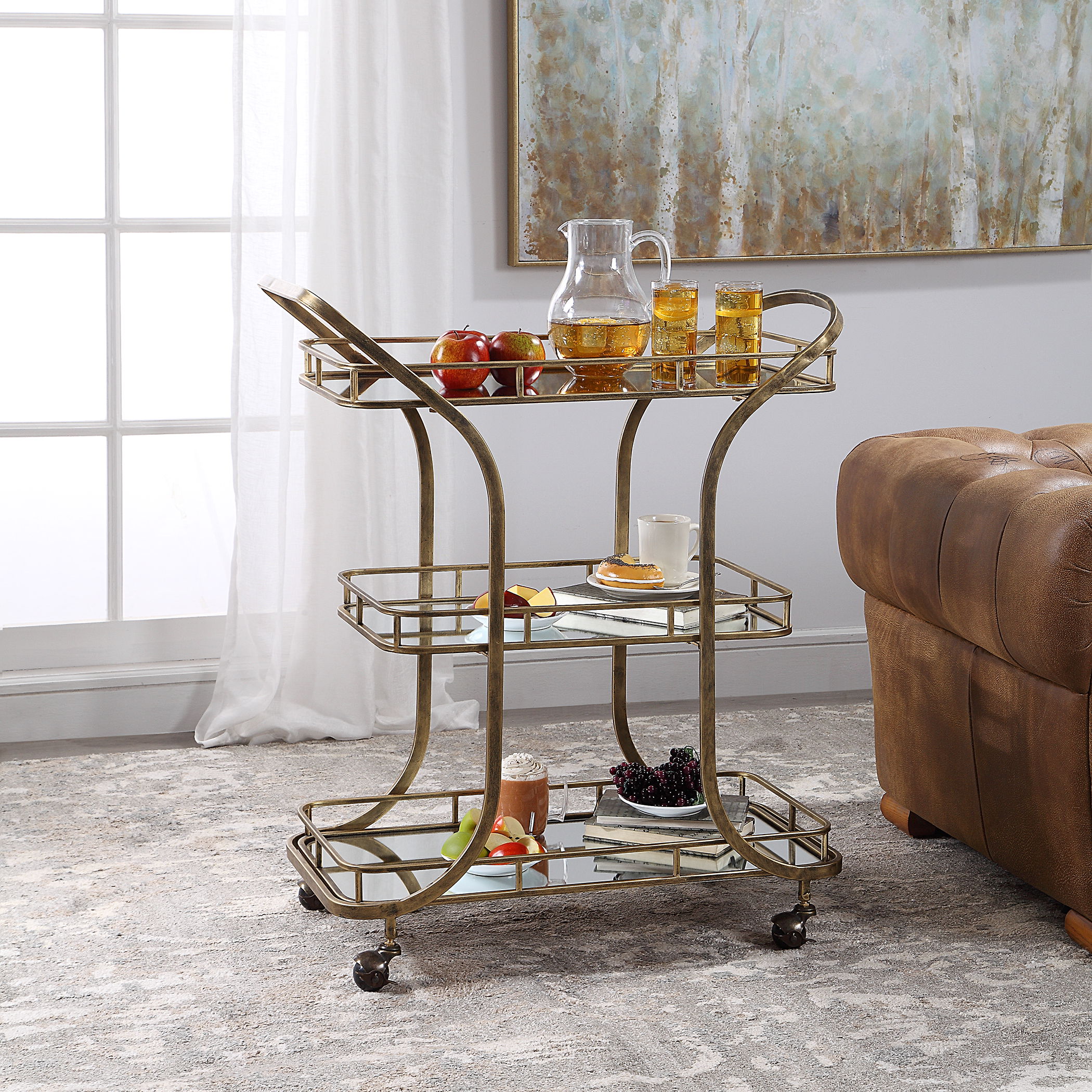 Stassi Gold Serving Cart, Furniture by Uttermost, 31.5" width x 37.12" height x 15.25" depth View 2