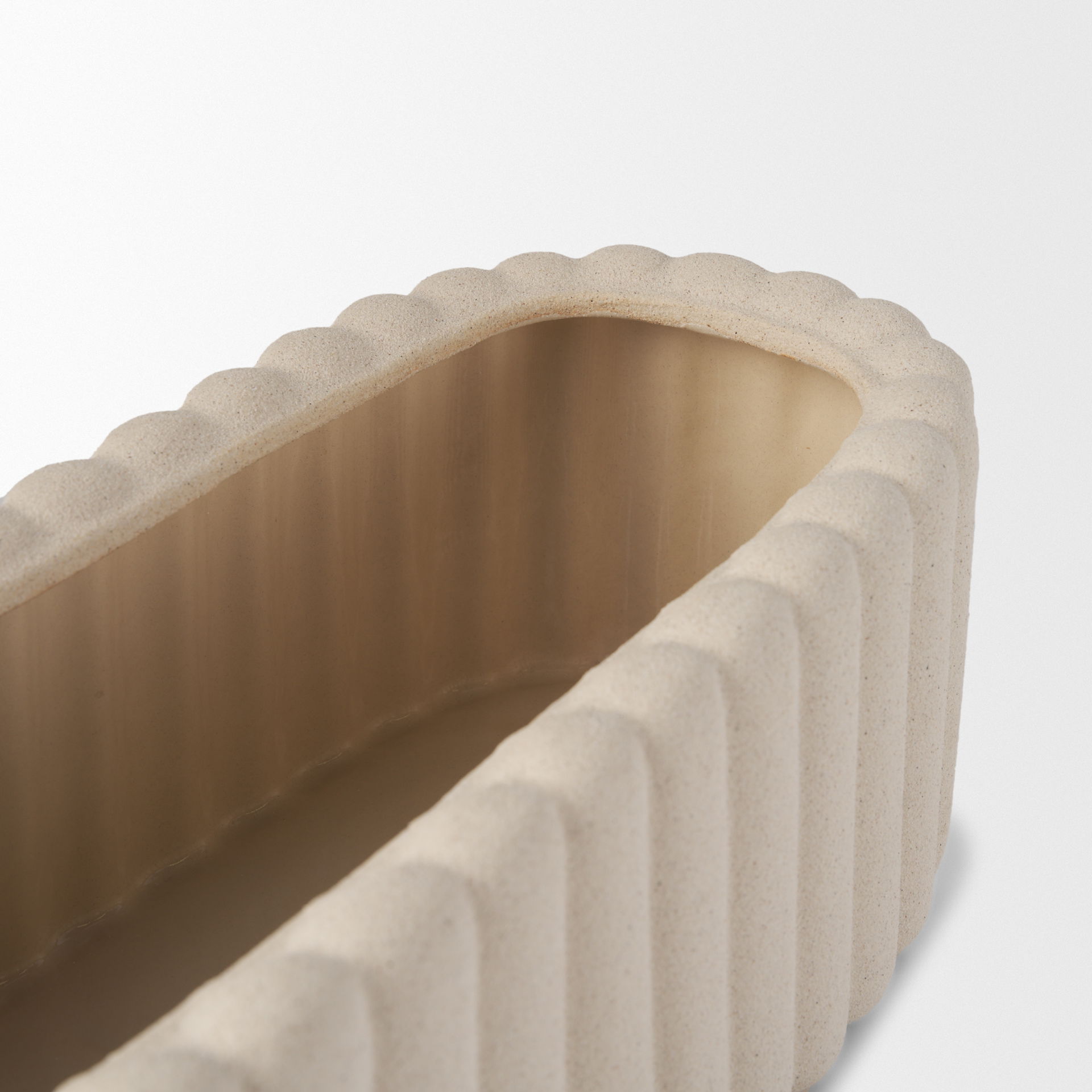 Mira Wide Textured Blush Beige Fluted Ceramic Vase, by Mercana, 18.9" length x 7.48" width x 5.91" height View 6