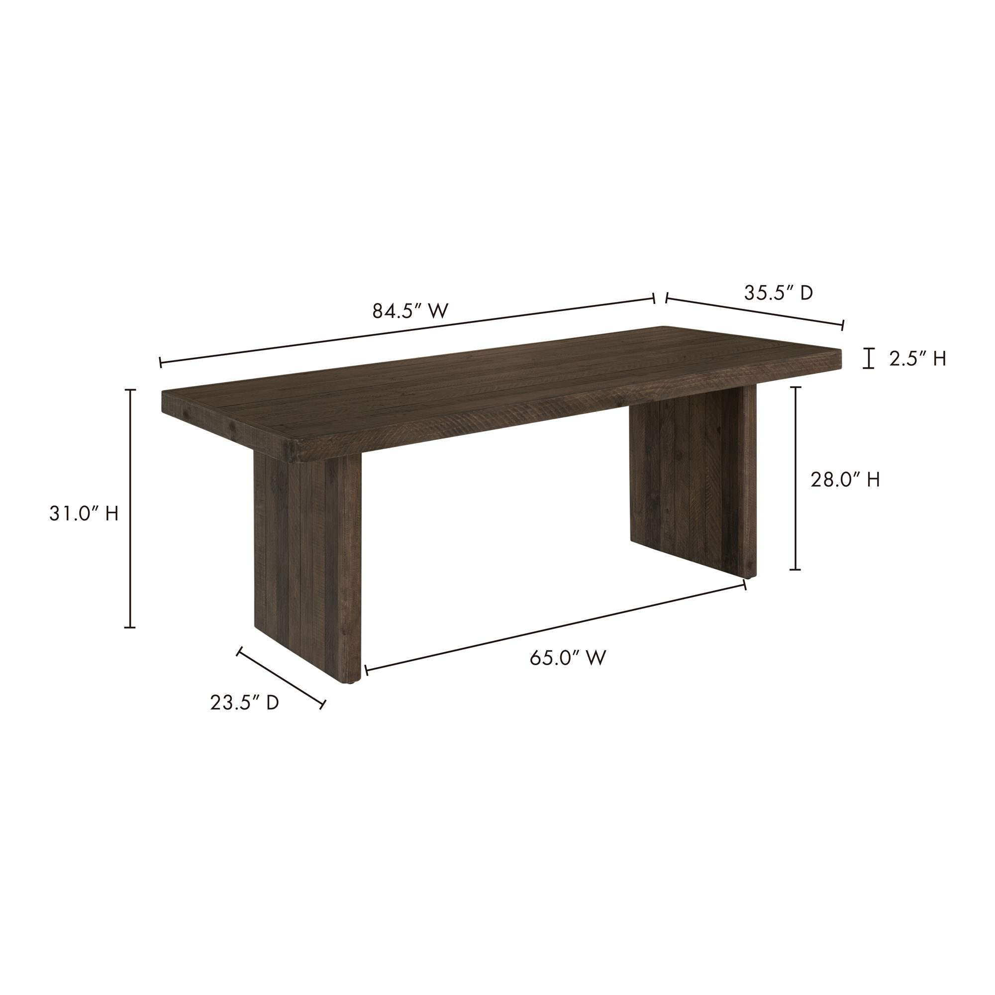 Monterey Dining Table Aged Brown, by Moe's Home, 84.5" width x 30" height x 35.5" depth View 9