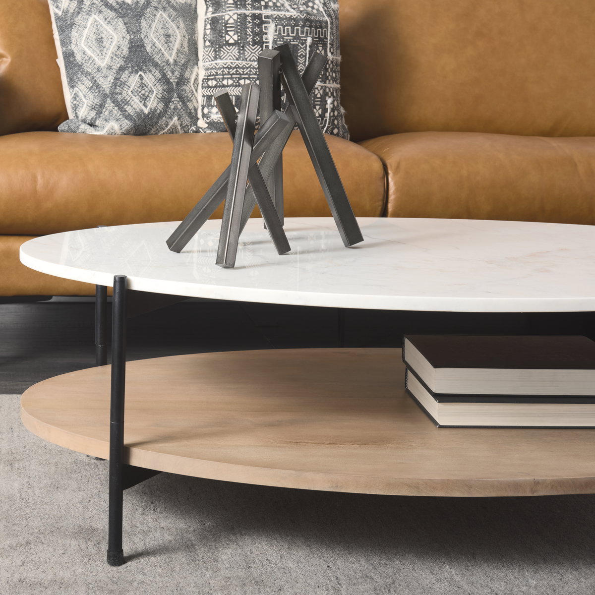 Larkin 48' Oval White Marble Top and Solid Wood Shelf with Black Metal Frame Coffee Table, by Mercana, 48" length x 30" width x 16" height View 4