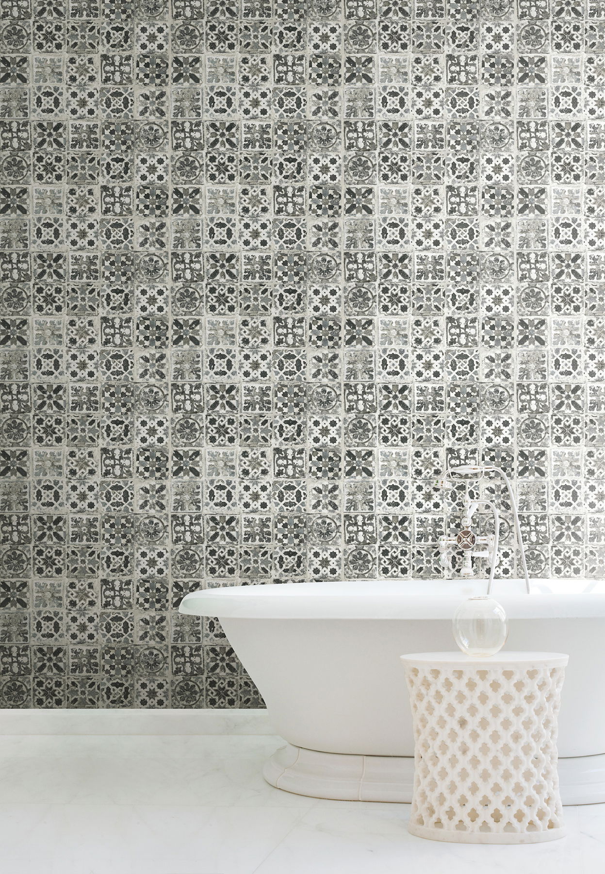 Encaustic Tile Black Peel & Stick Wallpaper large image 