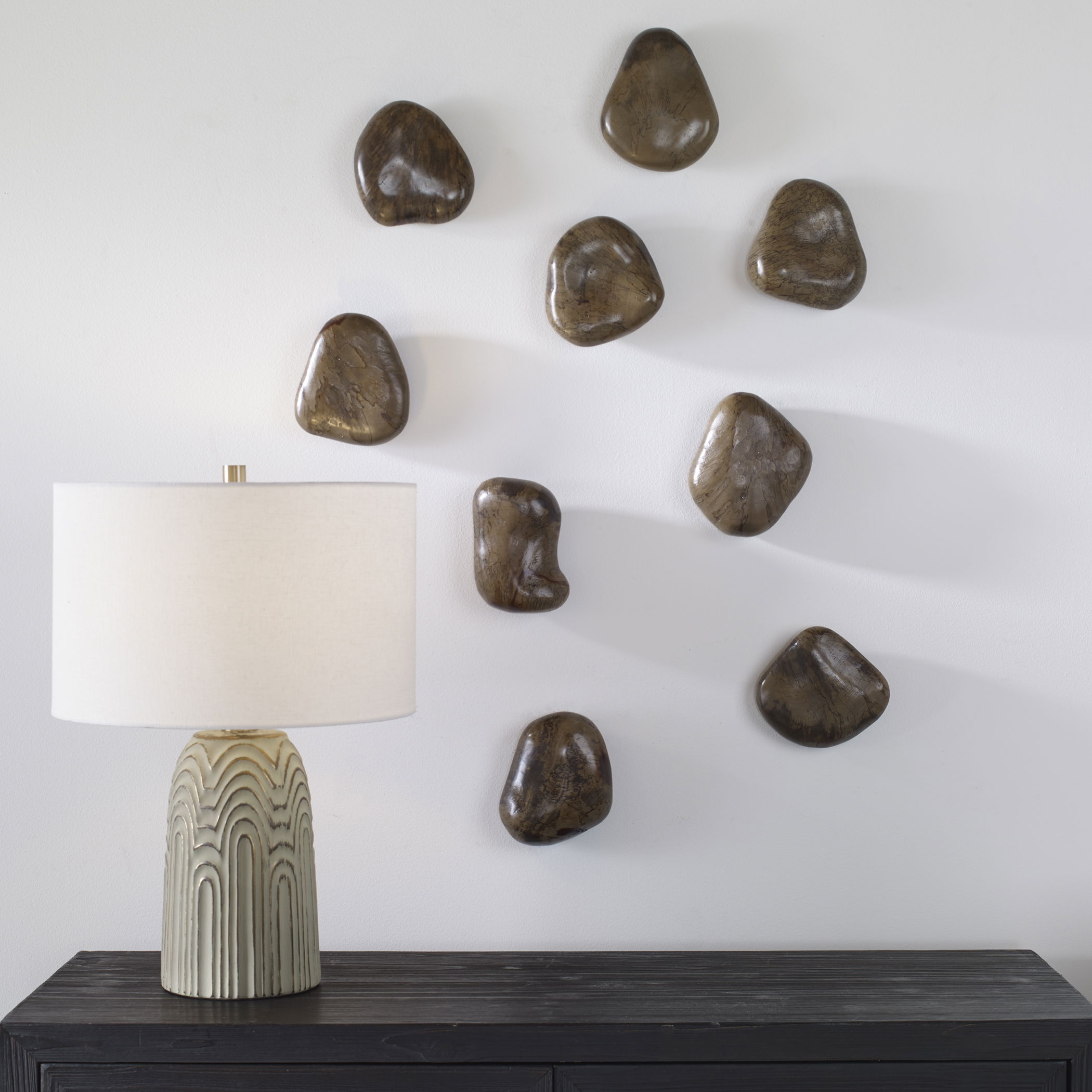 Pebbles Walnut Wood Wall Décor Set/9, Sculptural Wall Art by Uttermost, 6" width x 5" height x 2" depth View 2