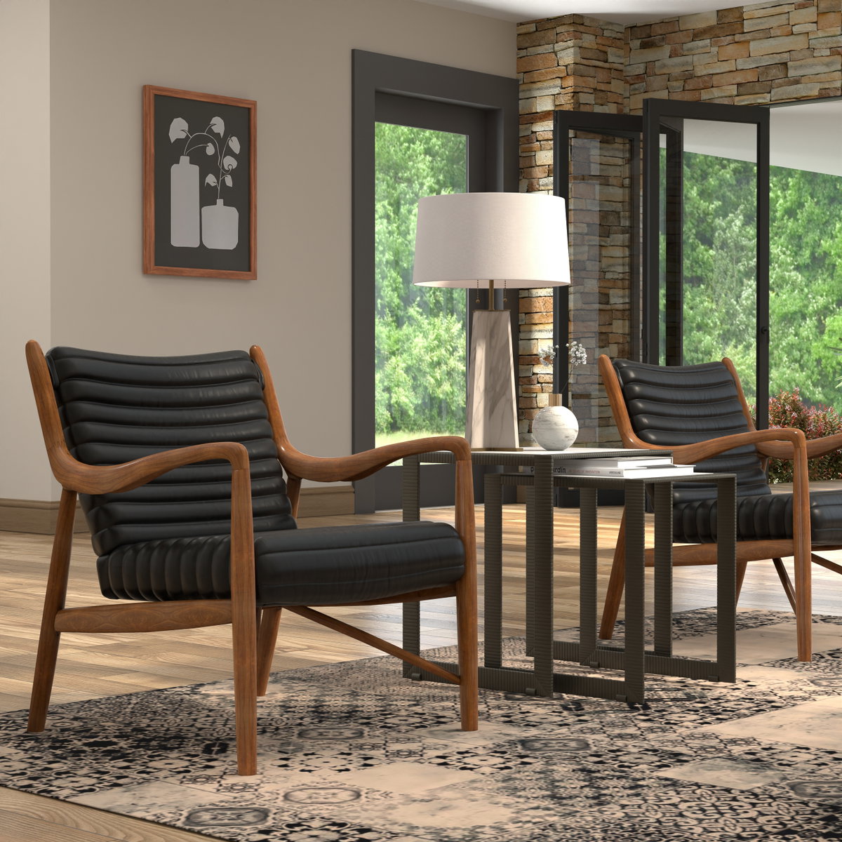 Singletary Leather Chair  Onyx Black, by Sarreid, 2'4" length x 2'3" width x 2'8" height View 14
