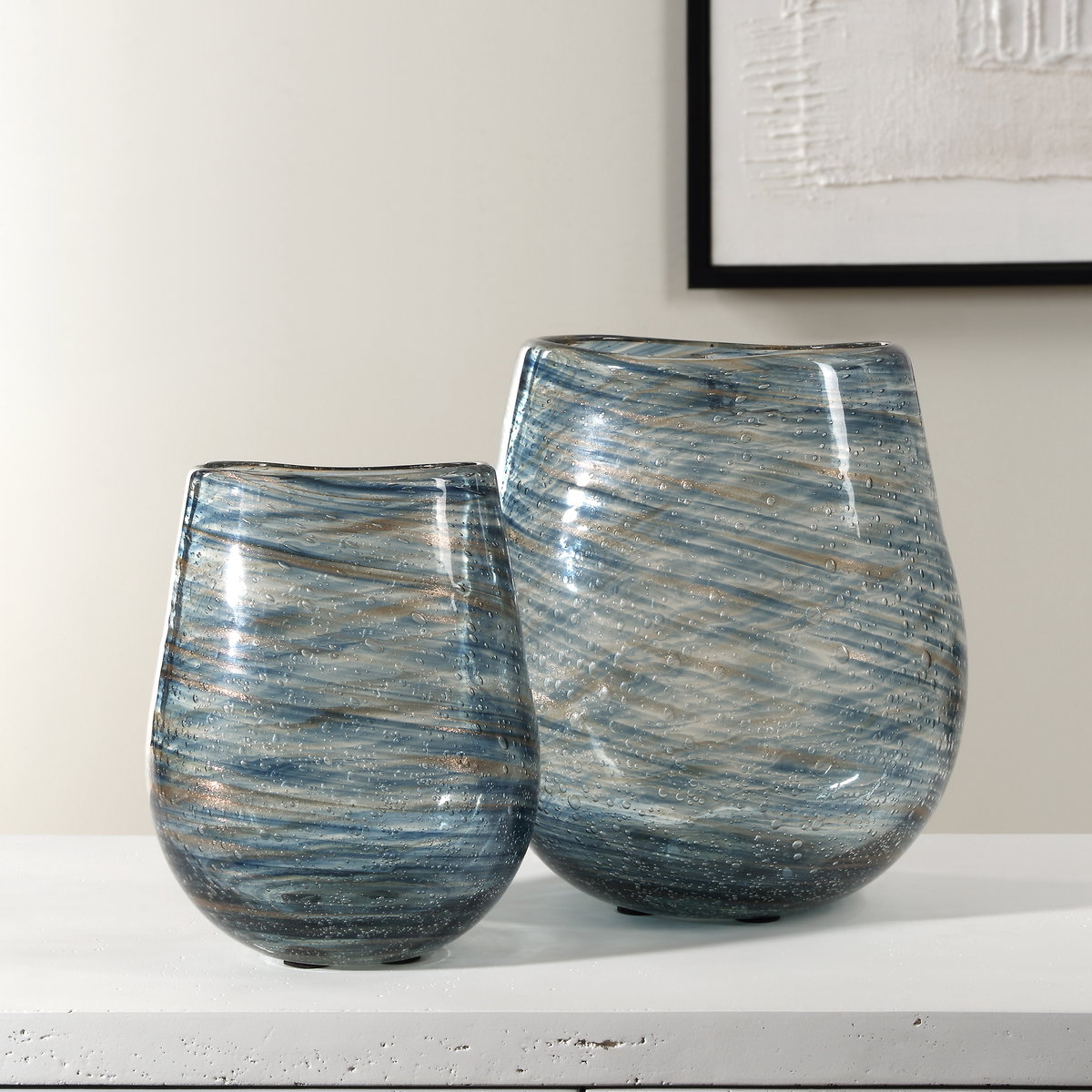 Aurora Swirl Glass Vases Set/2, by Uttermost, 6.5" width x 9.25" height x 8" depth View 2